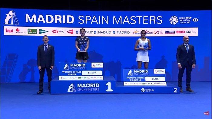 Ekspresi Gregoria Mariska Tunjung, usai menjuarai Spain Masters 2023, Minggu (2/4/2023) malam.