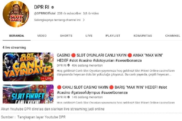 Tampilan akun Youtube milik DPR RI yang telah di hack sejak pagi tadi, Rabu (06/09/2023). SP/ SBY