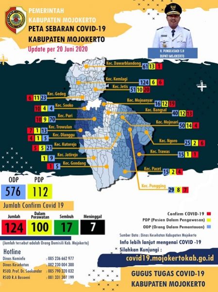 Peta Covid-19 Kabupaten Mojokerto yang terus bertambah. SP/Dwy Agus Susanti