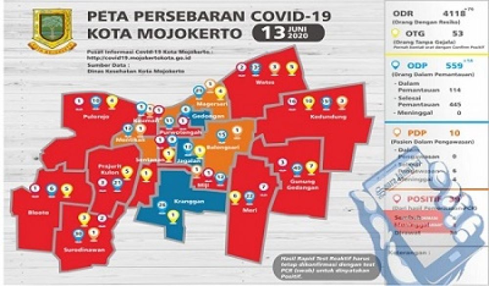 Peta persebaran Covid-19 di Kota Mojokerto Per 13 Juni 2020. SP/ JTP