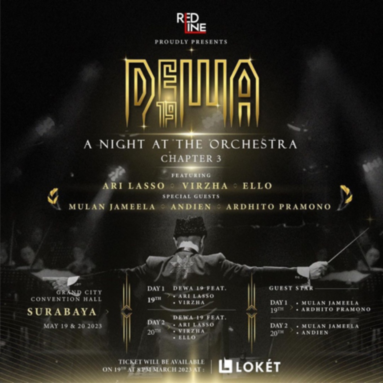 Konser Dewa 19 A Night at The Orchestra Chapter 3 di Surabaya pada 19-20 Mei 2023.