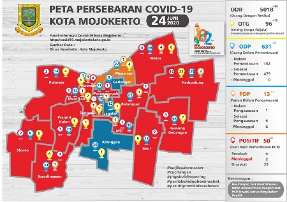 Peta persebaran Covid-19 Kota Mojokerto Per 24 juni 2020. SP/ Pusat Informasi Covid-19 kota Mojokerto