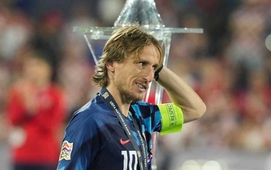 Ekspresi Luka Modric usai Kroasia dikalahkan Spanyol di final UEFA Nations League di De Kuip Stadium, Rotterdam, Belanda, Senin (19/06/2023) dini hari WIB.