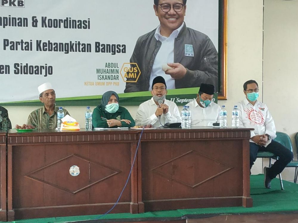 Cabup Gus Muhdlor saat memberi sambutan di rapat pemenangan DPC PKB 
