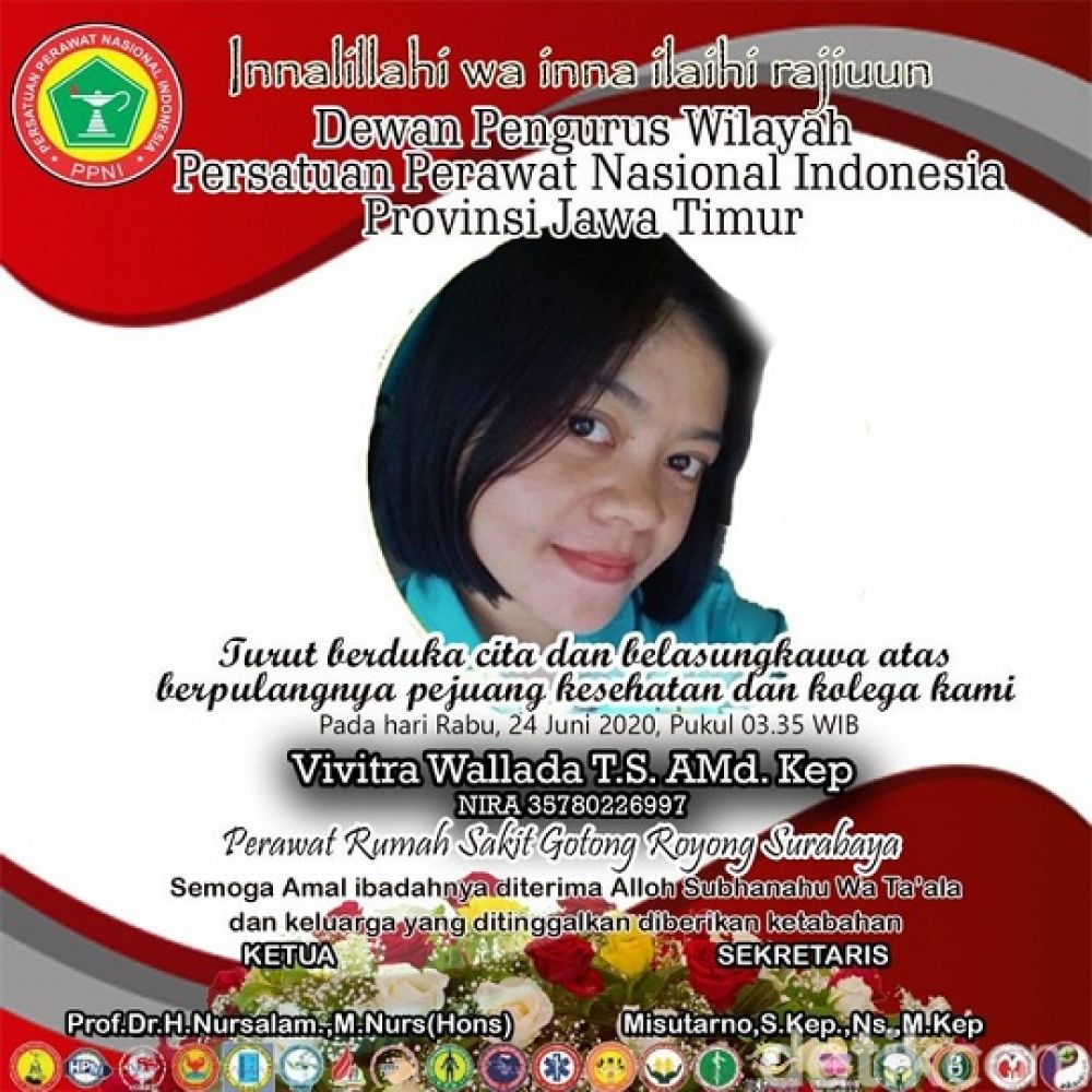 Ucapan duka cita almarhumah Vivitra dari Persatuan Perawat Nasional Indonesia, Rabu (24/6/2020).

Foto: Sp/PRNI