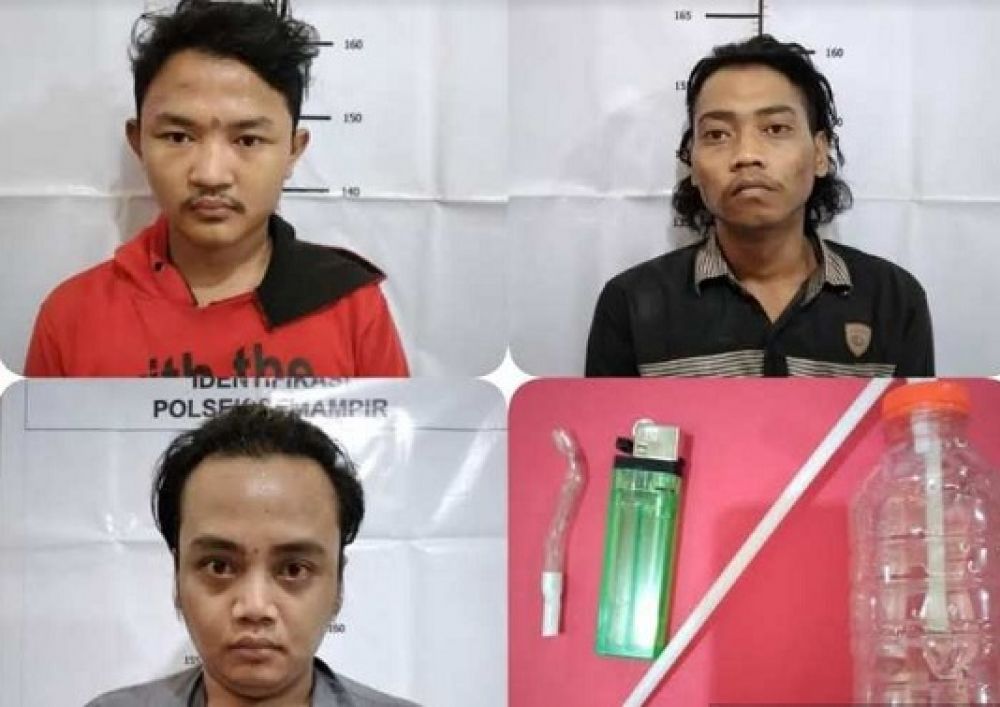 Ketiga pelaku dan barang bukti sabu saat diamankan petugas dari polsek Semampir. 