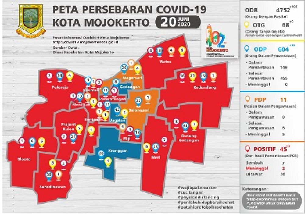 Peta persebaran Covid-19 di Kota Mojokerto Per 20 Juni 2020. SP/ Pusat Informasi Covid-19 Kota Mojokerto
