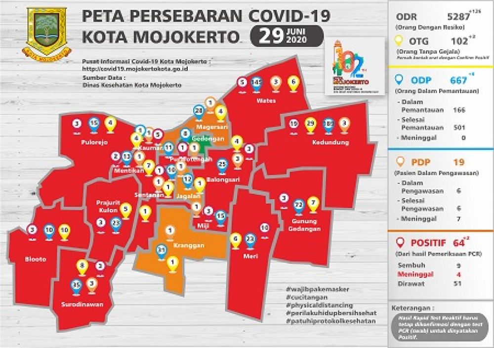 Peta persebaran Covid-19 Kota Mojokerto per 29 juni 2020. SP/ GM