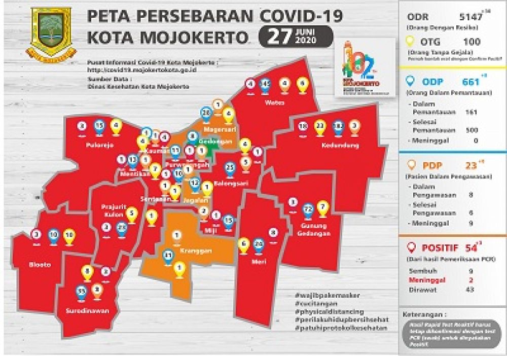 Peta persebaran Kota Mojokerto per 27 juni 2020. SP/ SM