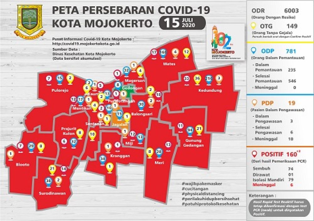 Peta Persebaran Covid-19 Kota Mojokerto per 15 juli 2020. SP/ Pusat Informasi Covid-19 Kota Mojokerto