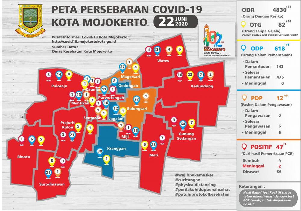 Peta persebaran Covid-19 Kota Mojokerto Per 22 juni 2020. SP/ Pusat Informasi Covid-19 Kota Mojokerto