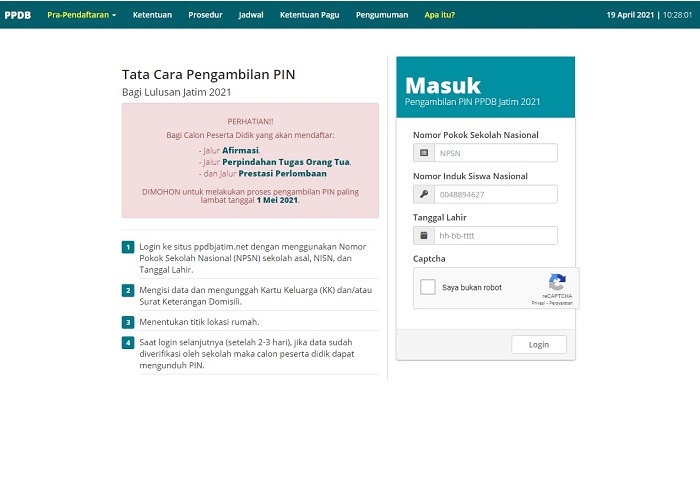 Tangkapan layar halaman ppdbjatim.net/pin. SP/PPDB JATIM