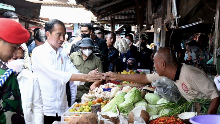 Presiden Jokowi mengecek harga kebutuhan pokok di Pasar Sambonggede, Tuban, Jatim, Kamis (6/4/2023). Foto: Sekretariat Presiden. 