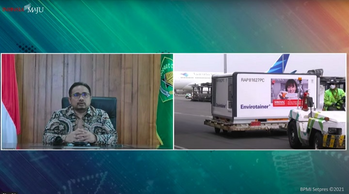 Menteri Agama Yaqut Cholil Choumas menjelaskan dalam siaran pers bahwa vaksin Sinovac didatangkan pemerintah Indonesia sebanyak 8 juta dosis vaksin. SP/Setpres RI