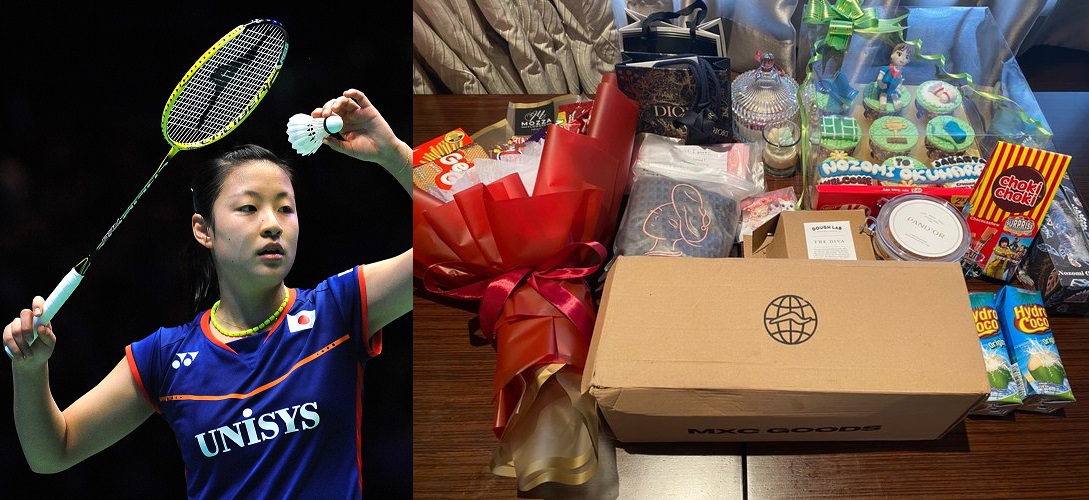 Nozomi Okuhara memamerkan oleh - oleh yang didapatnya dari penggemar Indonesia di akun twitternya.