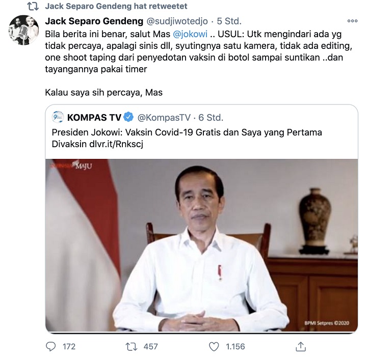 Cuitan Budayawan Sudjiwo Tedjo di akun twitternya