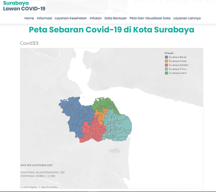 Tangkapan layar data sebaran covid per 18 Oktober 2020 dilansir dari laman lawancovid-19.surabaya.go.id