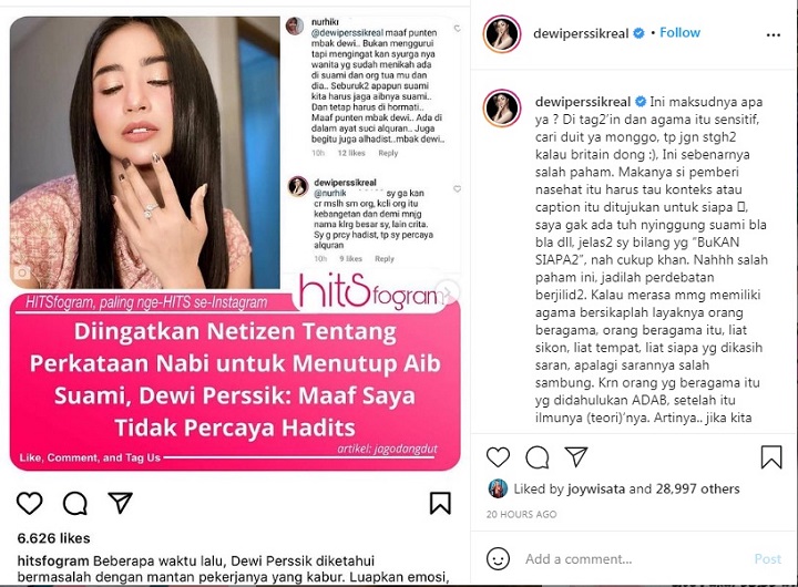 Unggahan Instagram Dewi Persik yang mengaku tak mempercayai hadist sejumlah ulama. SP/Instagram dewi persik