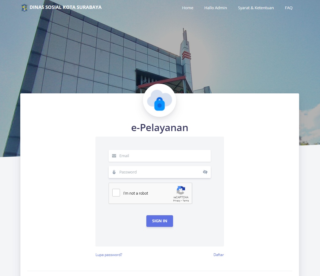 Aplikasi berbasis web yang dapat di akses melalui https://dinassosial.surabaya.go.id/pelayanan. SP/TANGKAPAN LAYAR
